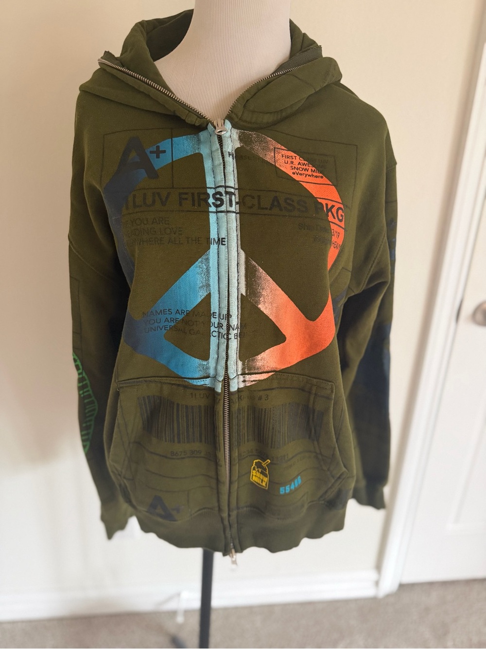 Hand Crafted Olive Green Zip Hoodie with Blue & Orange Graphic